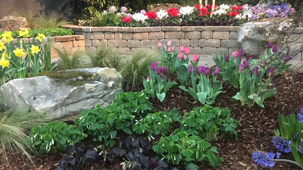 A colorful flower bed with tulips, daffodils, and seasonal blooms planted around large decorative rocks, bordered by a stacked-stone retaining wall.