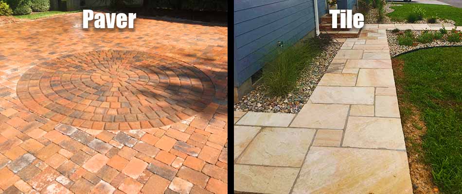 A comparison of a paver patio built for a customer in Mt. Juliet and a tile walkway built for a customer in Lebanon.