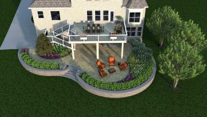 A 3D rendering of a two-level outdoor living space featuring a raised deck, lower patio with seating, curved retaining walls, and surrounding plantings.