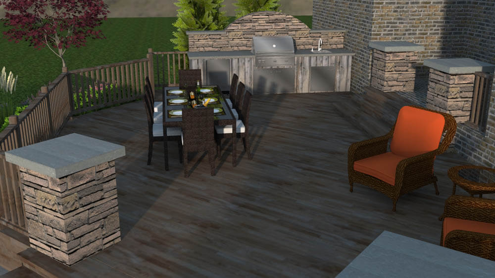 3D rendered design of an outdoor kitchen and seating area on a backyard patio