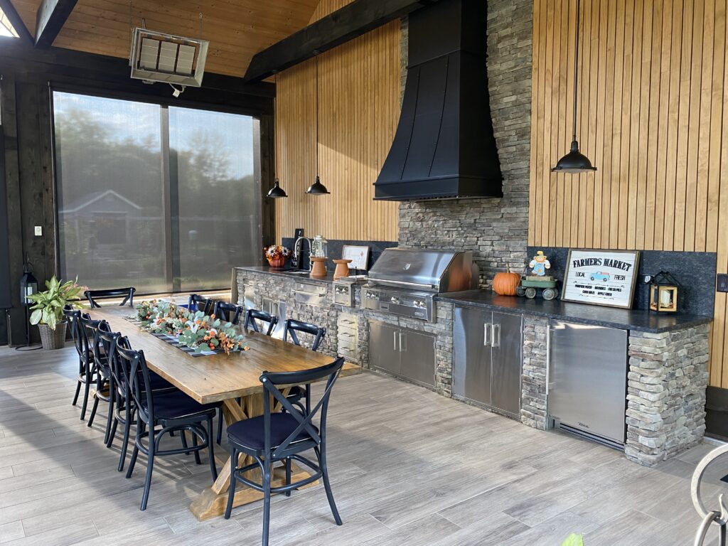 outdoor pavilion with kitchen and entertaining space