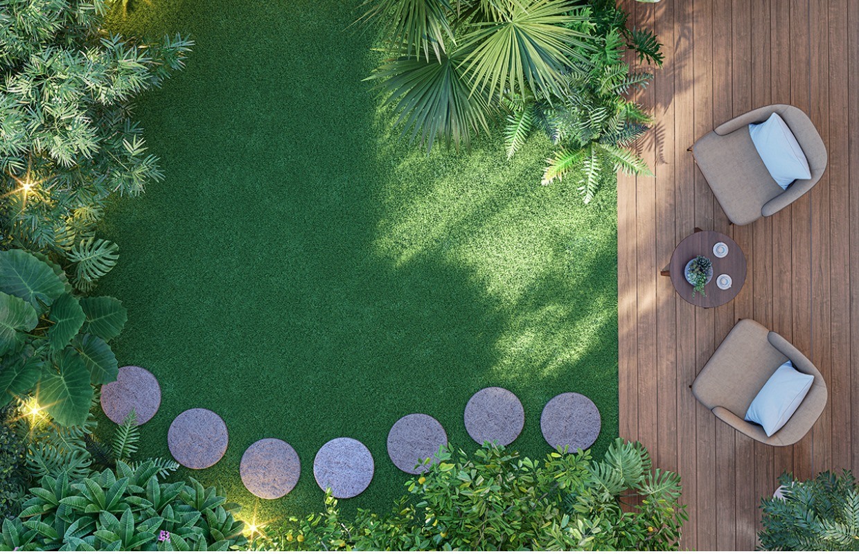 Luxury landscape design in a wooden veranda and relaxing chairs
